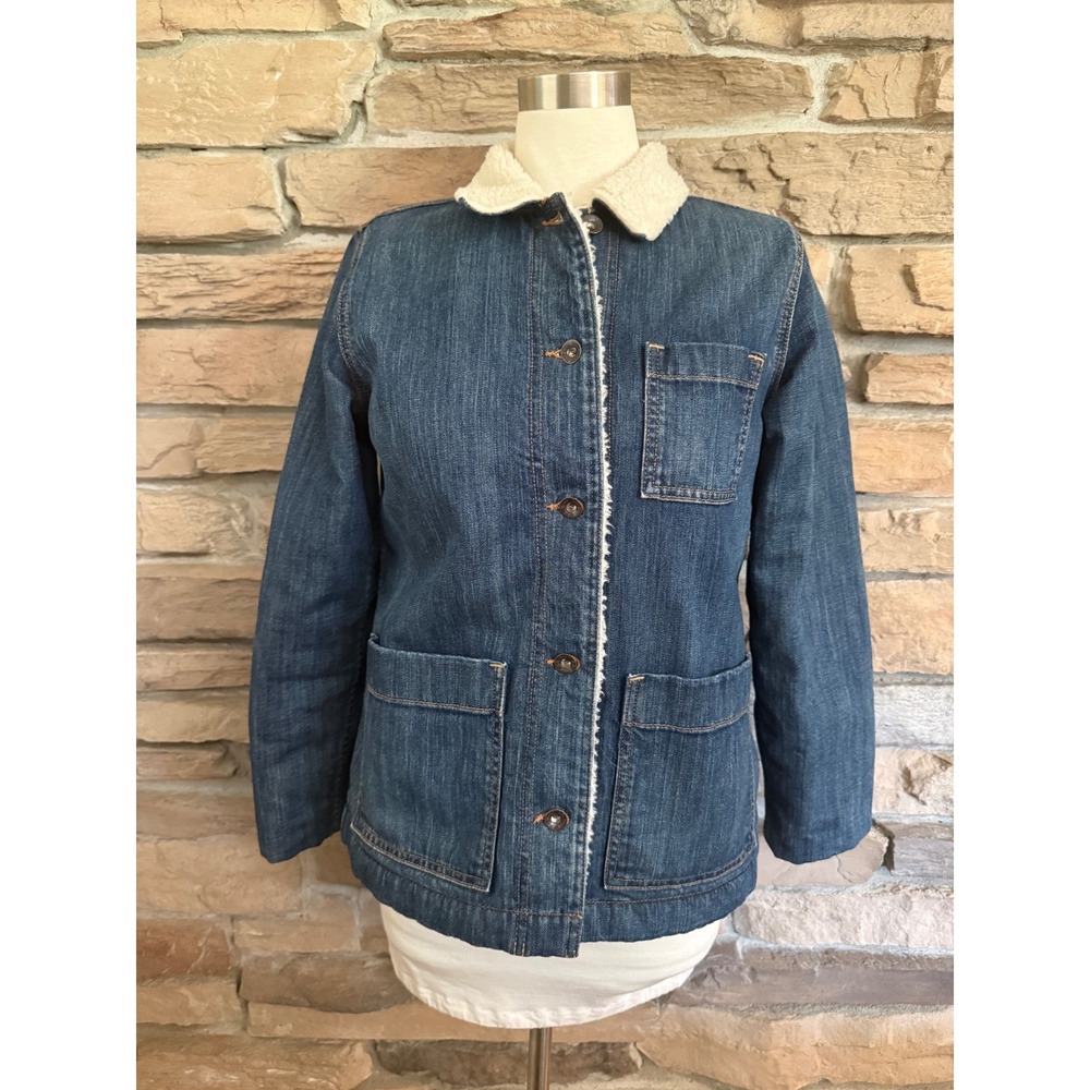LL Bean Womens Sherpa Lined Denim Chore Jacket Blue Medium Wash Small 505481 - Picture 2 of 13